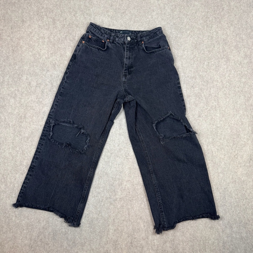 ASOS DESIGN Wide Leg Jeans Women 28/28‎ Black Distressed Raw Hem Petite